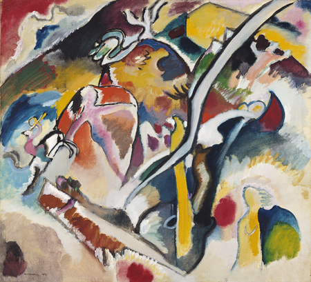 Wassily Kandinskys Gemälde „Sintflut I“ aus dem Jahr 1912 ziert den Deckel des Katalogbuchs über die Wanderausstellung „Farbwelten“ des Kaiser-Wilhelm-Museums Krefeld.   Foto: KWM 